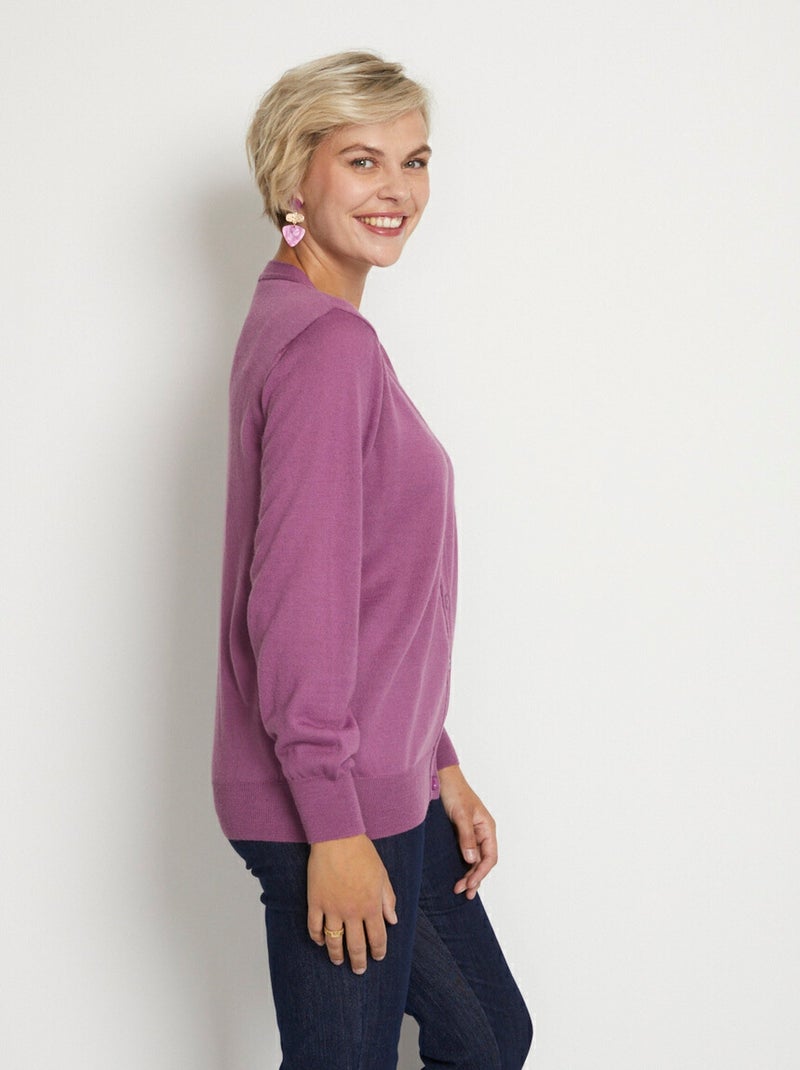 Cárdigan con cuello de pico y botones de lana merino - Afibel Violeta - Kiabi