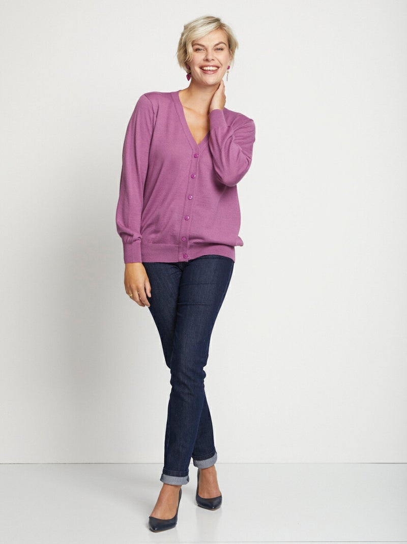 Cárdigan con cuello de pico y botones de lana merino - Afibel Violeta - Kiabi