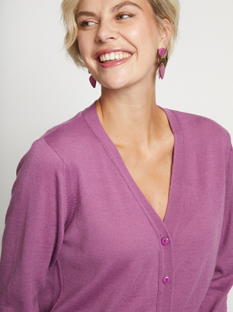 Cárdigan con cuello de pico y botones de lana merino - Afibel Violeta - Kiabi