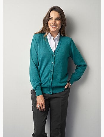 Cárdigan con cuello de pico y botones de lana merino