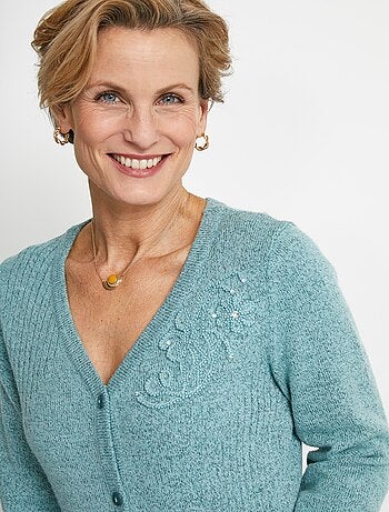 Cárdigan con cuello en V y botones bordados con strass - Afibel