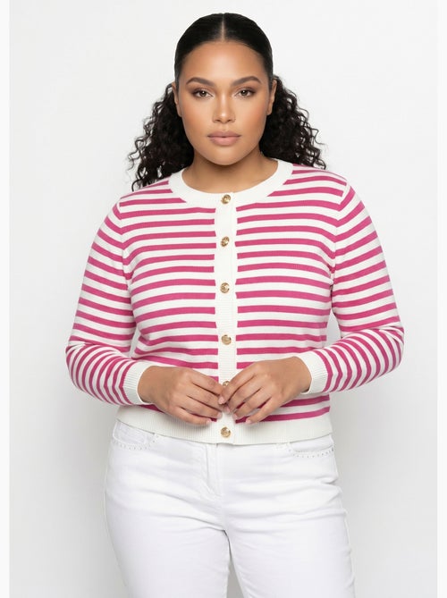 Cárdigan corto a rayas con cuello redondo y botones - Afibel - Kiabi