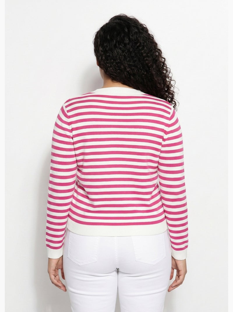 Cárdigan corto a rayas con cuello redondo y botones - Afibel Rosa fucsia - Kiabi
