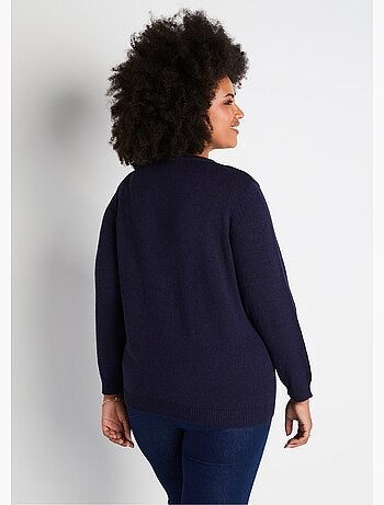 Cárdigan liso suave con cuello de pico, cierre corto de botones y bordado