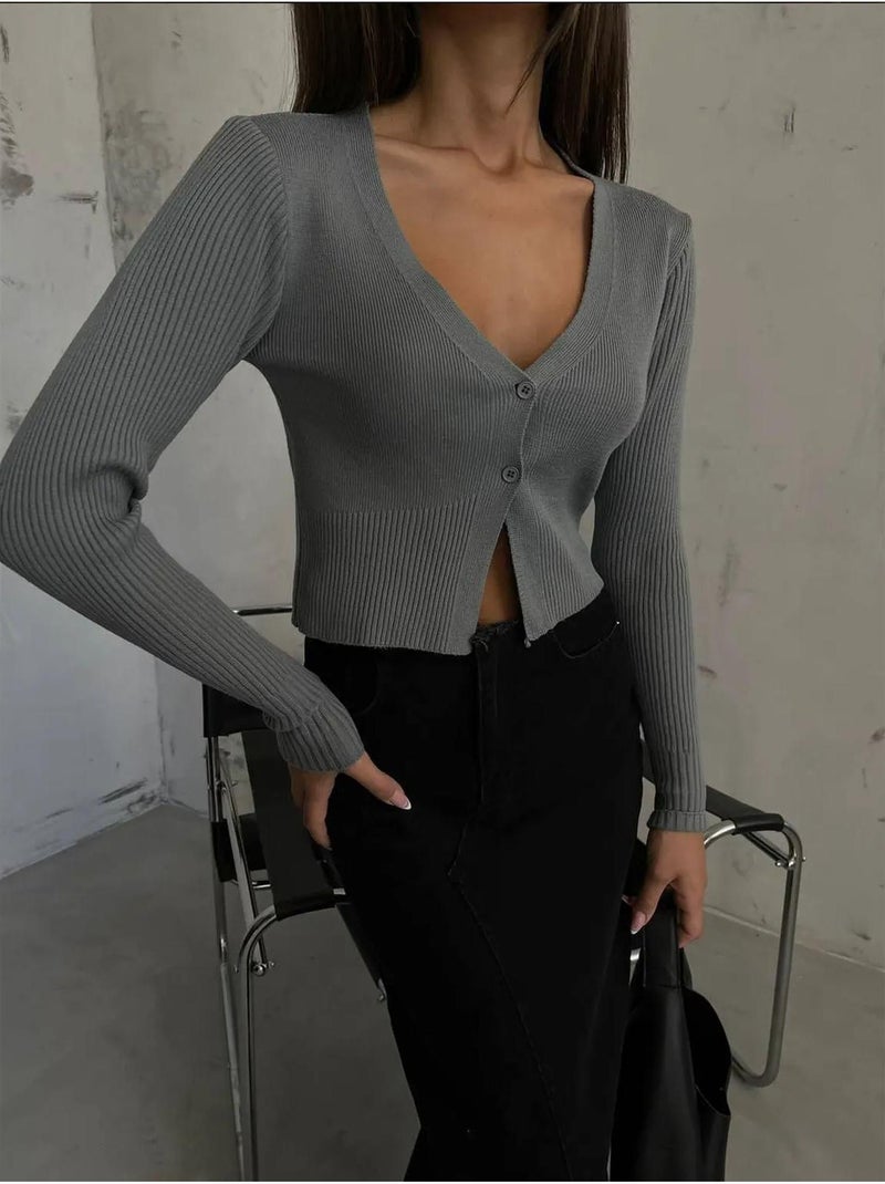 Cárdigan corto con cuello en V liso Gris - Kiabi