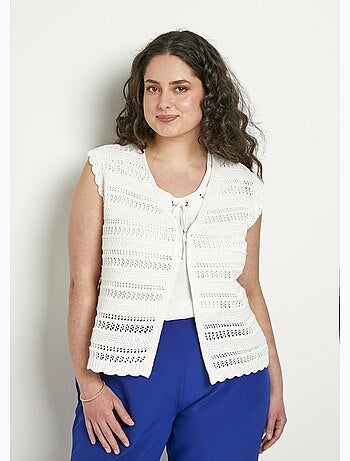 Cárdigan corto crudo calado con cuello de pico y sin mangas - Afibel