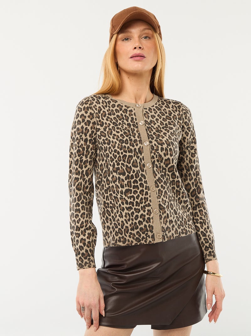 Cárdigan cuello redondo con estampado de leopardo Beige - Kiabi