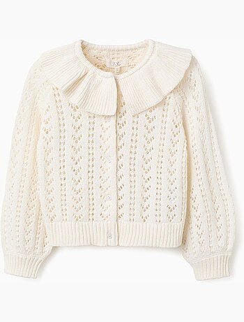 Cárdigan de algodón con punto calado y volantes