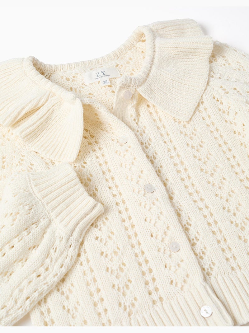 Cárdigan de algodón con punto calado y volantes Beige claro - Kiabi