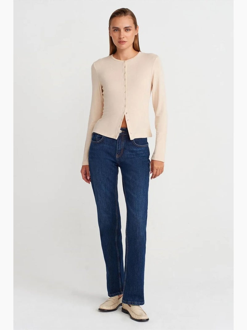 Cárdigan de canalé con cuello redondo y botones dilvin Beige arcilla - Kiabi