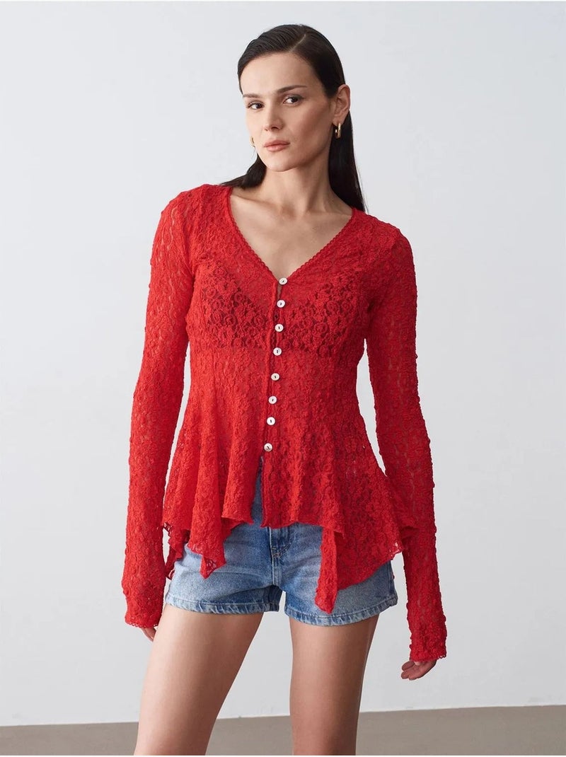 Cárdigan de encaje con cuello en V y botones Rojo - Kiabi