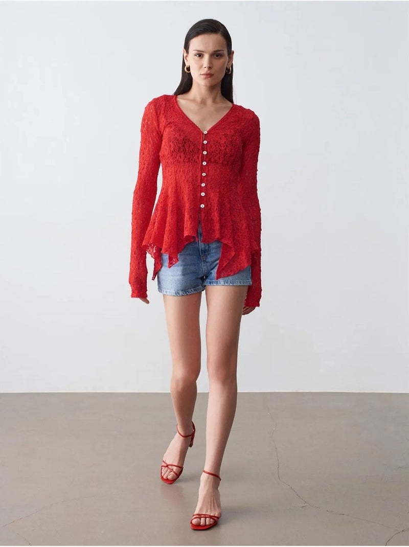 Cárdigan de encaje con cuello en V y botones Rojo - Kiabi