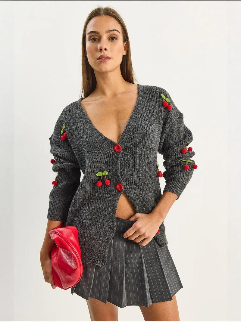 Cárdigan de punto acanalado con cuello en v y cierre de botones lucci Gris negro - Kiabi