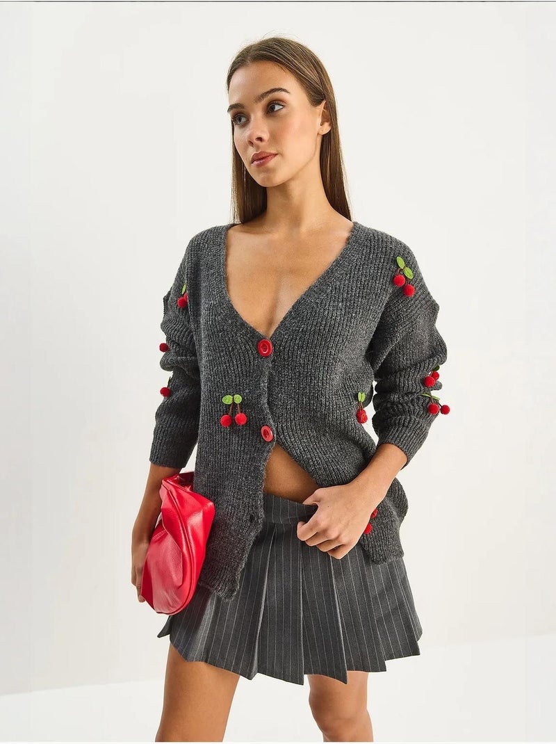 Cárdigan de punto acanalado con cuello en v y cierre de botones lucci Gris negro - Kiabi