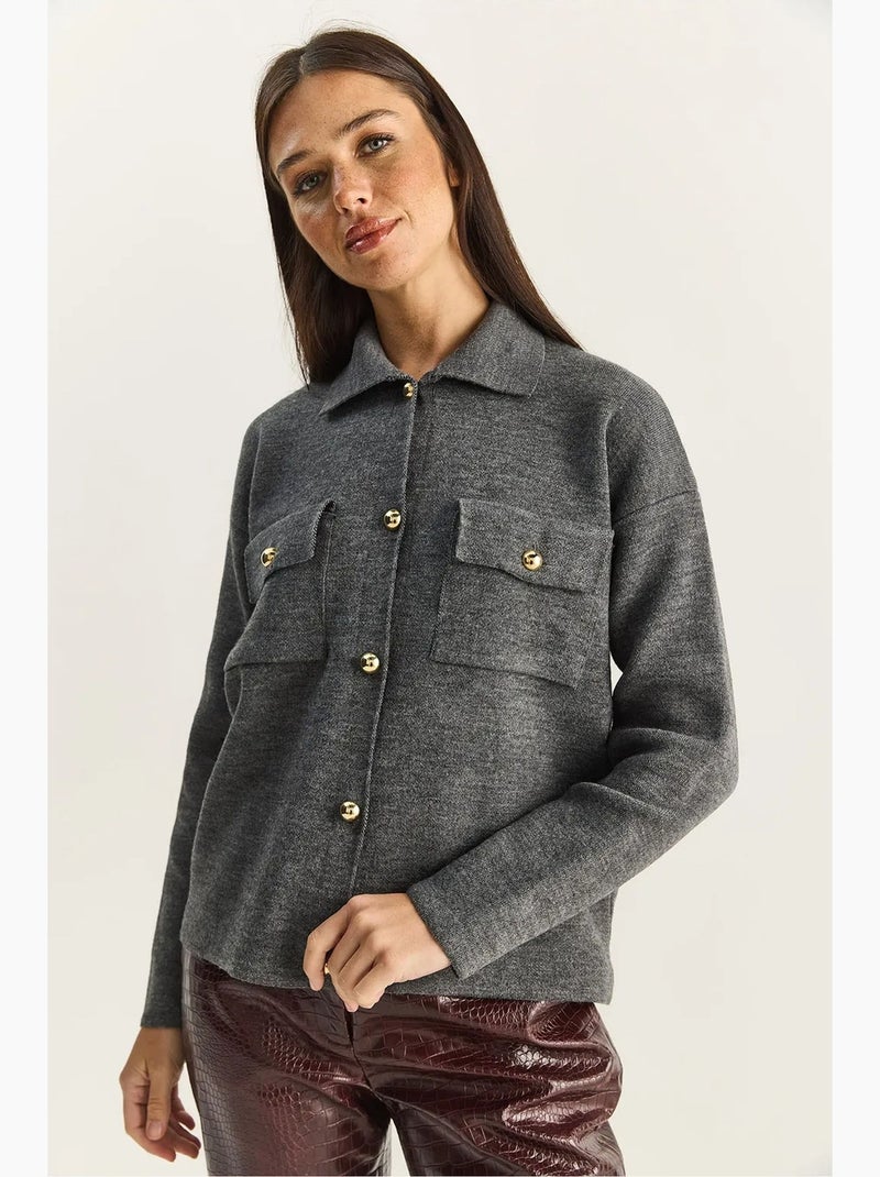 Cárdigan de punto acanalado con cuello polo y cierre de botones lucci Gris negro - Kiabi
