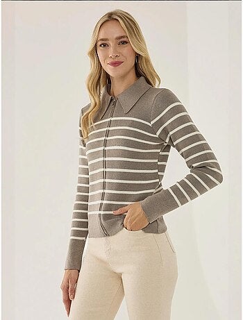 Cárdigan de rayas con cremallera y cuello camisero