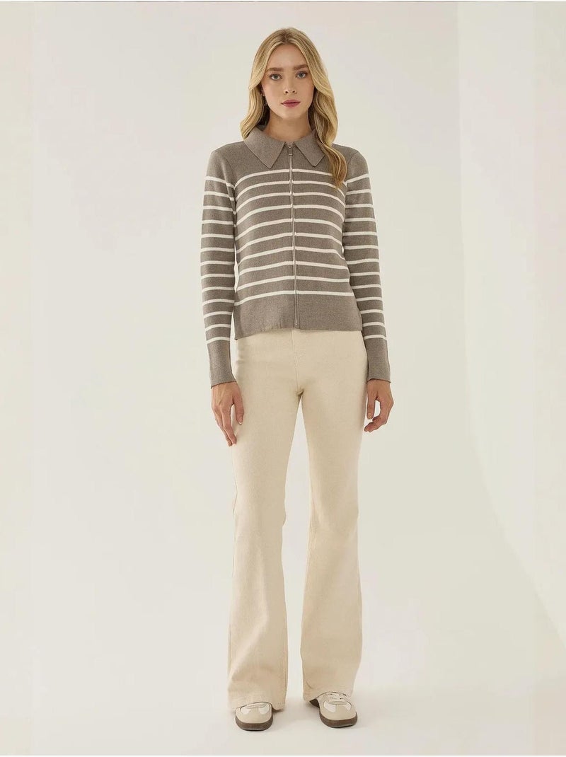 Cárdigan de rayas con cremallera y cuello camisero Gris - Kiabi