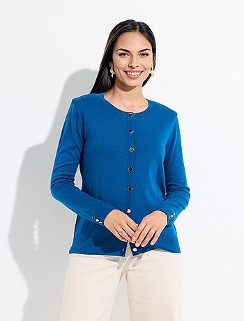 Cárdigan fino de cuello redondo abotonado en jersey liso con lana merino - Afibel