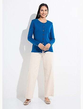 Cárdigan fino de cuello redondo abotonado en jersey liso con lana merino - Afibel