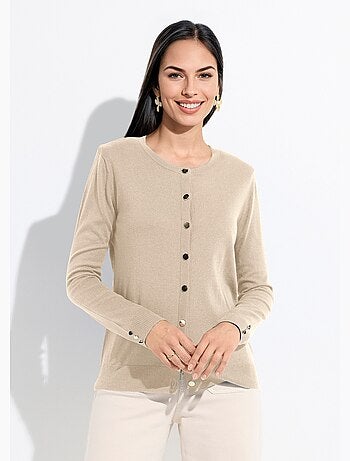 Cárdigan fino de cuello redondo abotonado en jersey liso con lana merino - Afibel