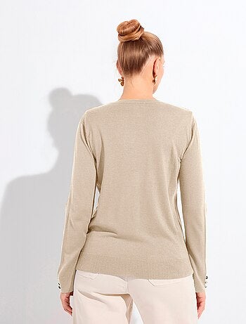 Cárdigan fino de cuello redondo abotonado en jersey liso con lana merino - Afibel