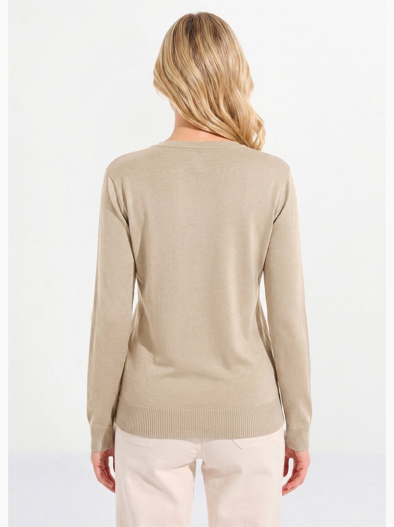 Cárdigan fino de cuello redondo abotonado en jersey liso con lana merino - Afibel Beige - Kiabi