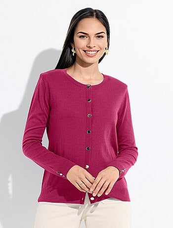 Cárdigan fino de cuello redondo abotonado en jersey liso con lana merino - Afibel