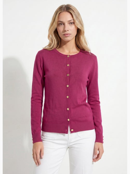 Cárdigan fino de cuello redondo abotonado en jersey liso con lana merino - Afibel - Kiabi