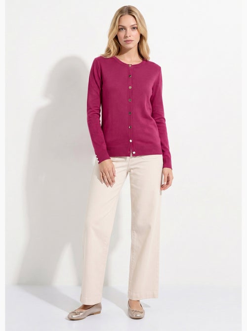 Cárdigan fino de cuello redondo abotonado en jersey liso con lana merino - Afibel - Kiabi