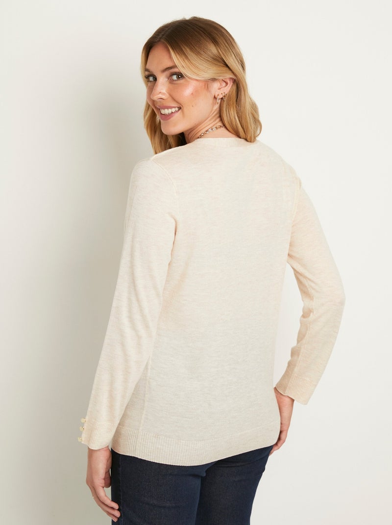 Cárdigan fino de punto liso con botones y cuello de pico en lana merino - Afibel Beige - Kiabi