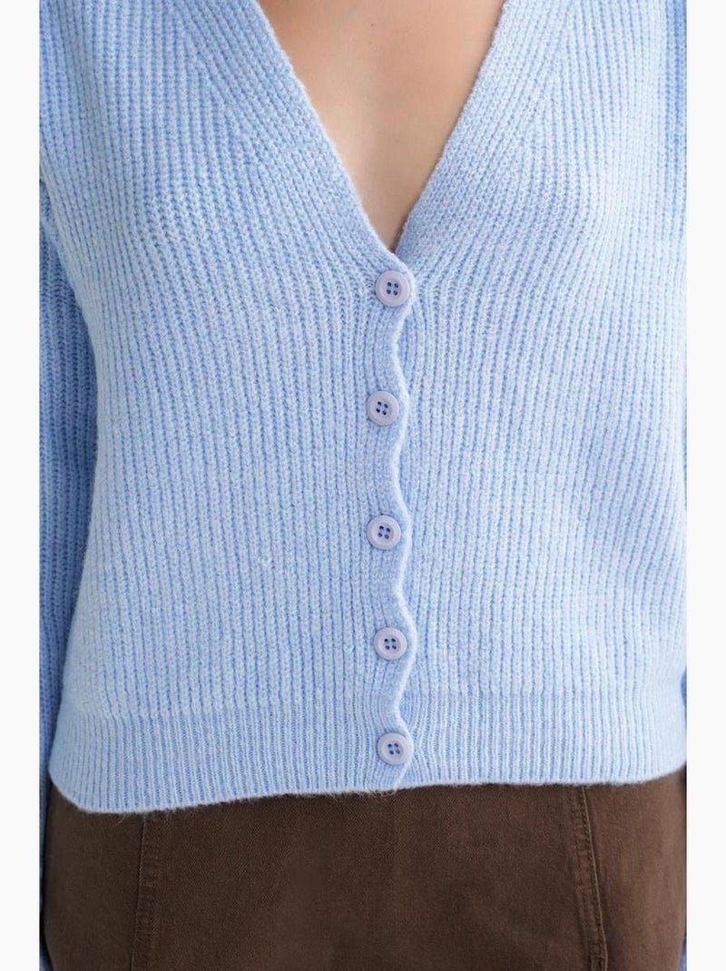 Cárdigan holgado con cuello en v, botones y textura de canalé mixray Azul cielo - Kiabi