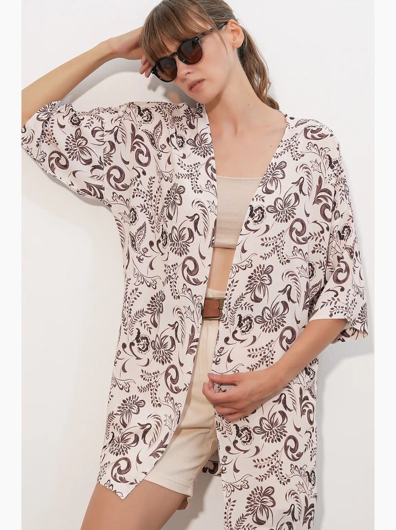 Cárdigan kimono largo estampado viscosa bdart Blanco roto - Kiabi