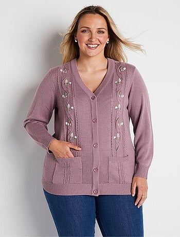 Cárdigan largo con botones y bordado de pedrería con cuello de pico - Afibel