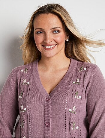 Cárdigan largo con botones y bordado de pedrería con cuello de pico - Afibel