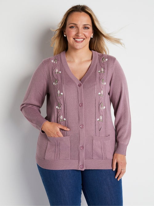 Cárdigan largo con botones y bordado de pedrería con cuello de pico - Afibel - Kiabi