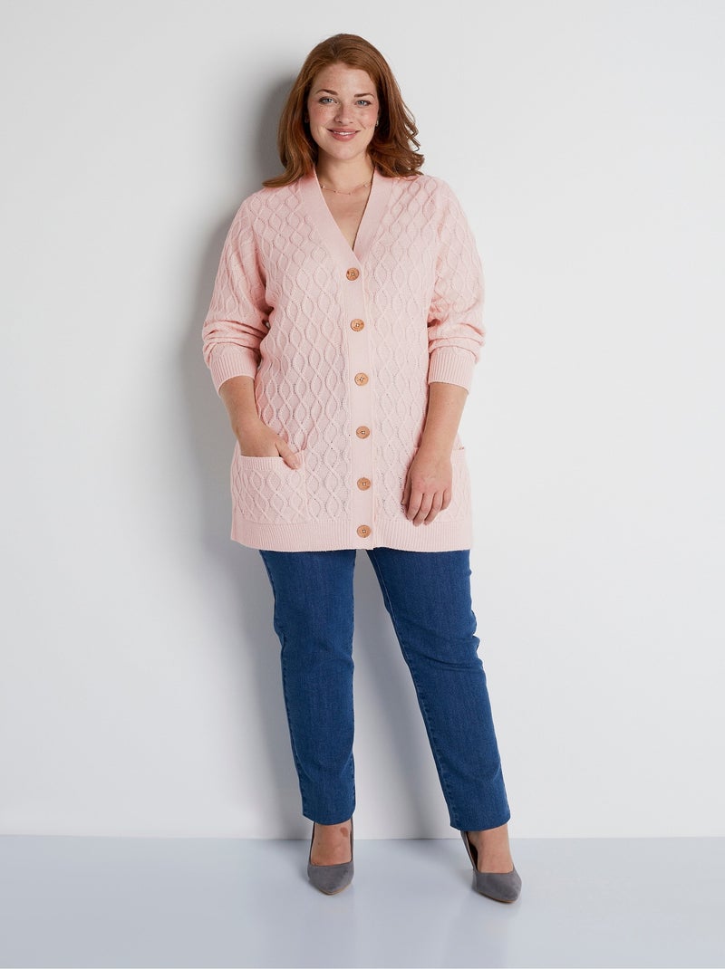 Cárdigan largo de ochos con cuello de pico y botones - Afibel Rosa - Kiabi