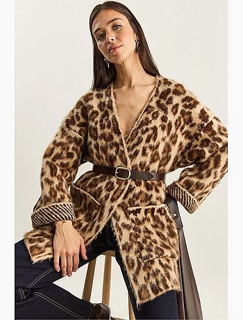Cárdigan largo extragrande con estampado de leopardo y bolsillos lucci