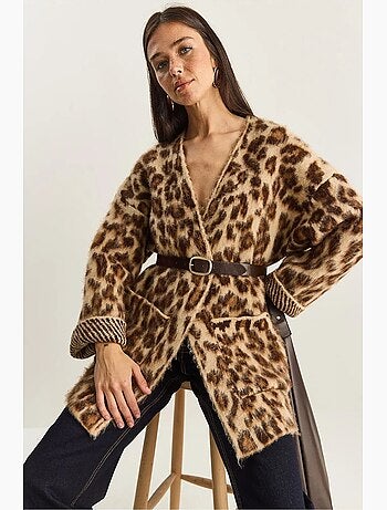 Cárdigan largo extragrande con estampado de leopardo y bolsillos lucci