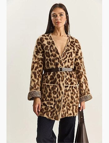 Cárdigan largo extragrande con estampado de leopardo y bolsillos lucci