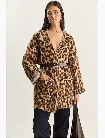 Cárdigan largo extragrande con estampado de leopardo y bolsillos lucci