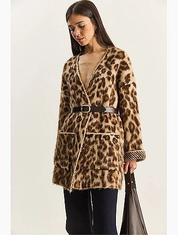 Cárdigan largo extragrande con estampado de leopardo y bolsillos lucci