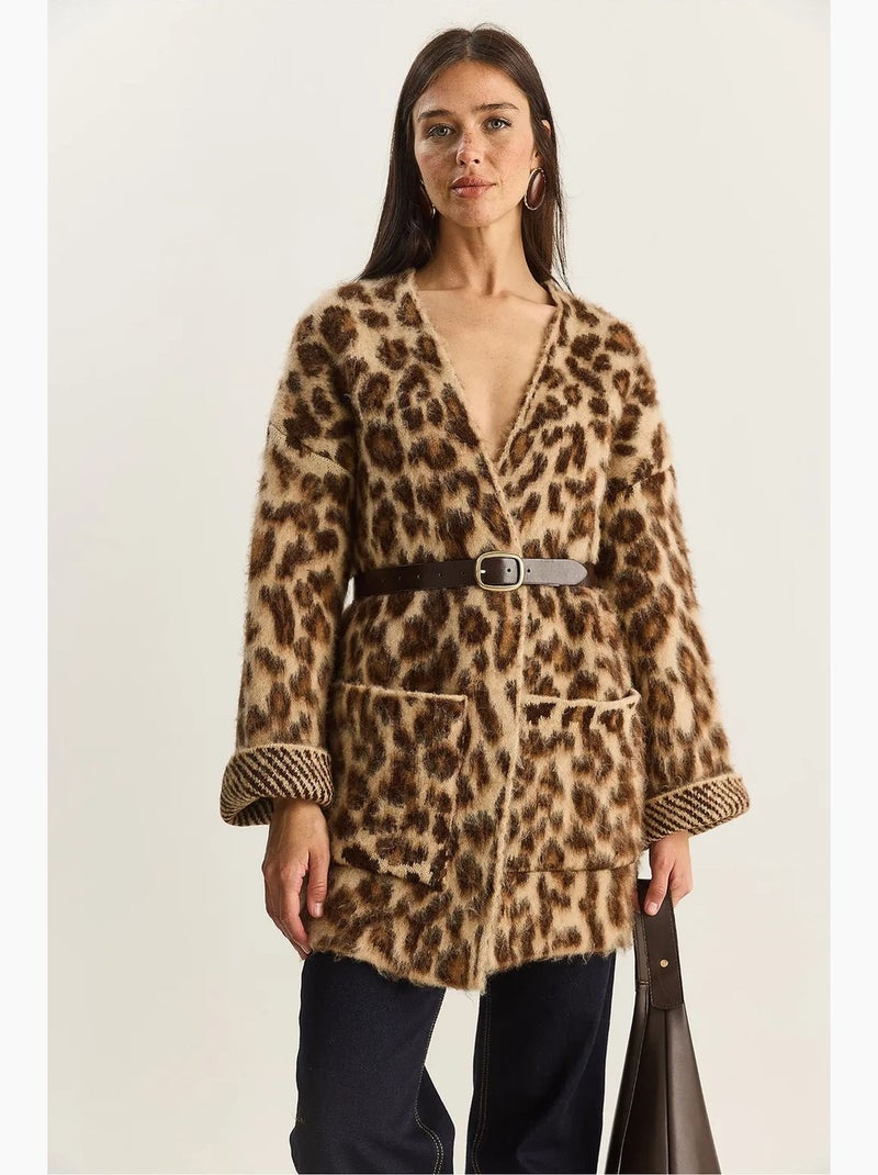 Cárdigan largo extragrande con estampado de leopardo y bolsillos lucci Marrón chocolate - Kiabi