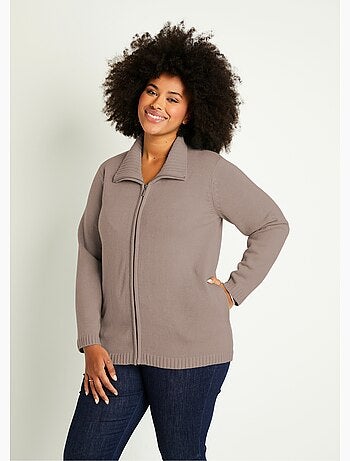 Cárdigan largo liso con cremallera y cuello alto - Afibel