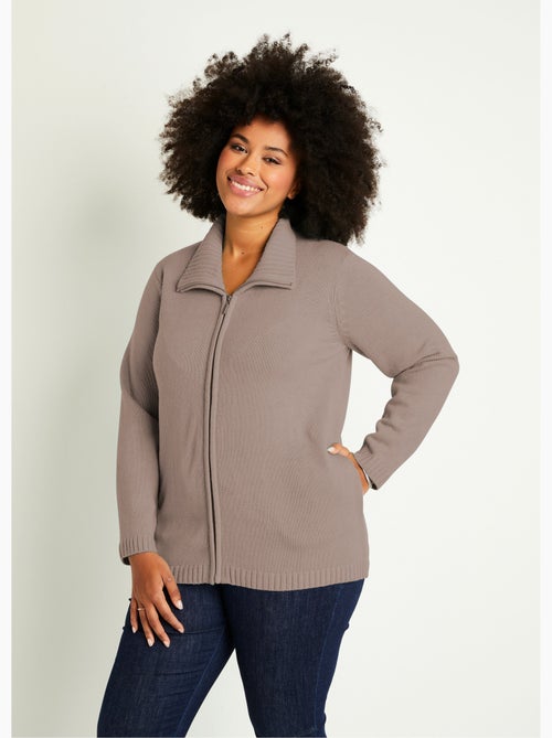 Cárdigan largo liso con cremallera y cuello alto - Afibel - Kiabi