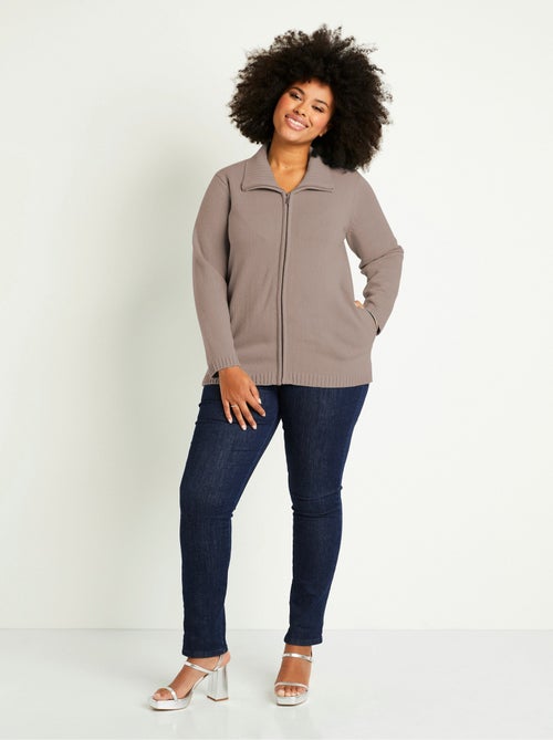 Cárdigan largo liso con cremallera y cuello alto - Afibel - Kiabi