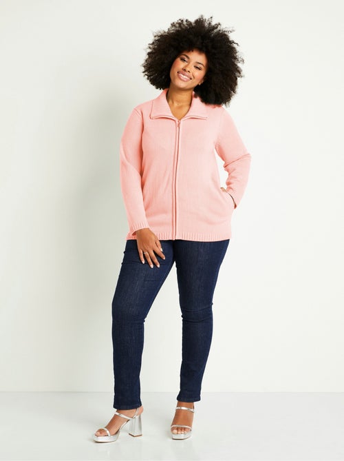 Cárdigan largo liso con cremallera y cuello alto - Afibel - Kiabi