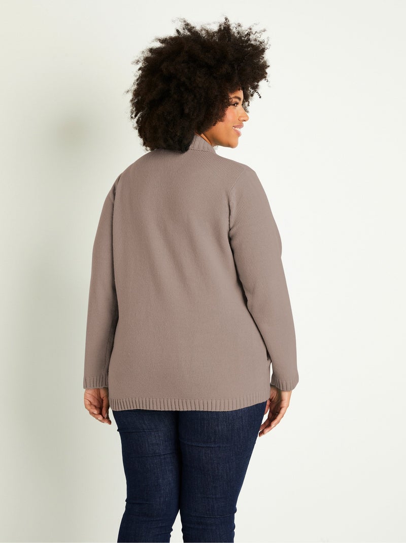Cárdigan largo liso con cremallera y cuello alto - Afibel Taupe - Kiabi