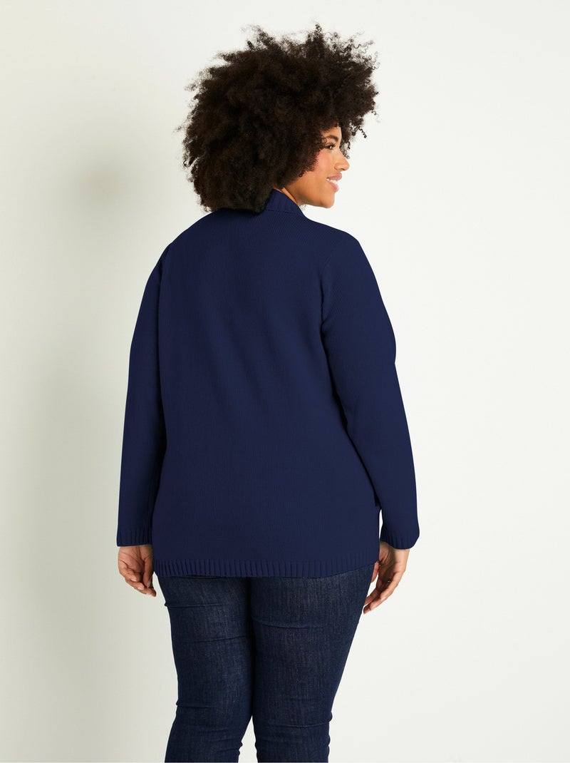 Cárdigan largo liso con cremallera y cuello alto Azul marino - Kiabi