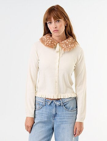 Cárdigan liso con cuello de pelo sintético