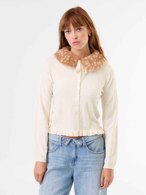 Cárdigan liso con cuello de pelo sintético - Kiabi
